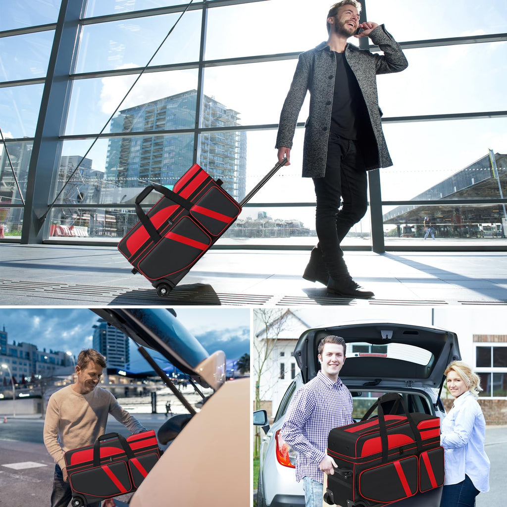 3 Ball Bowling Bags With Wheels,Bowling Bags 3 Ball Roller With Shoes Compartment And Multiple Pockets,3 Ball Bowling Bag has Retractable Handle Extends to 41.5 in