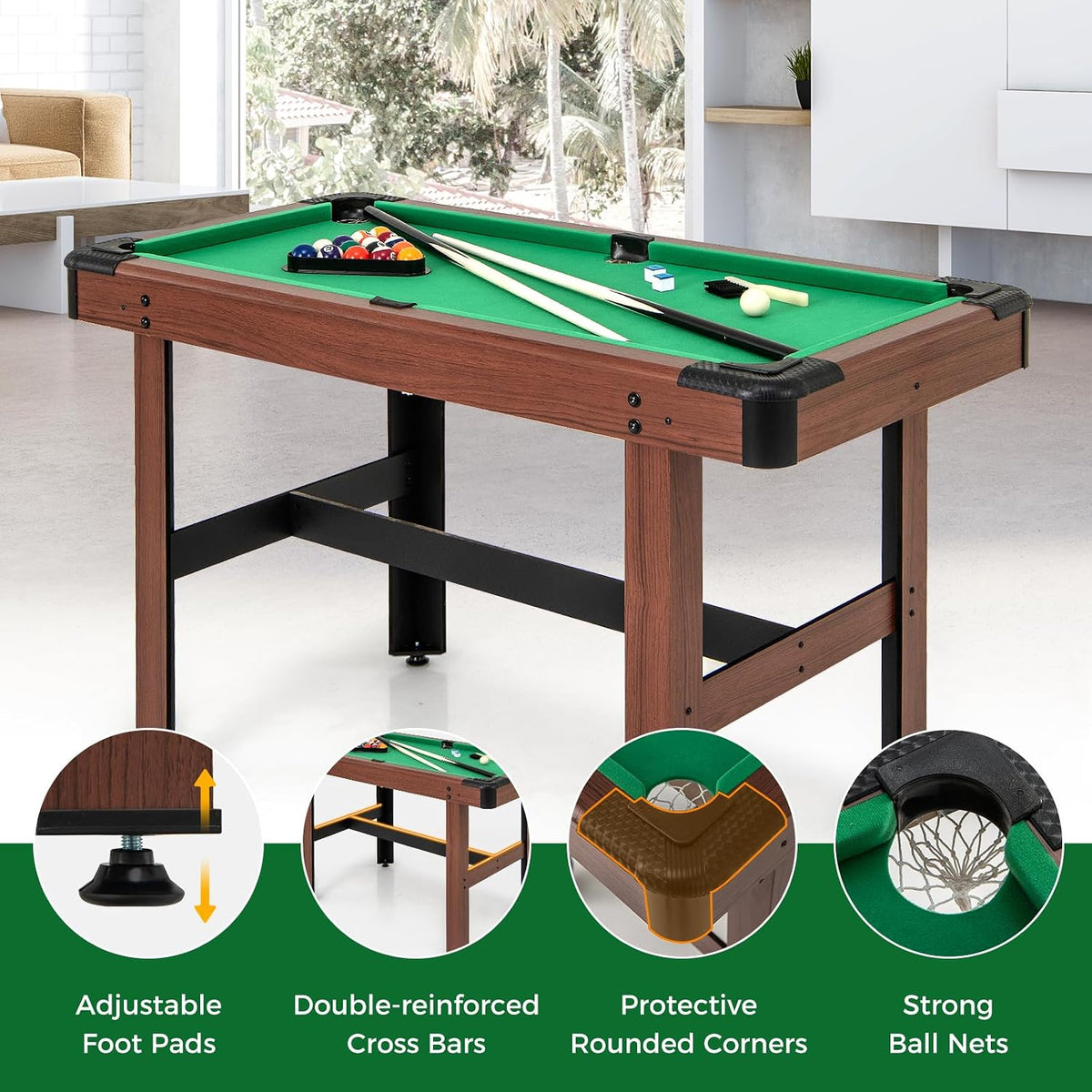 GYMAX Pool Table, 48 Inch Wooden Billiard Tables with 16 Balls, 2 Cue Sticks, 2 Chalks and Brush, Snooker Table Mini Pool Table for Kids, Family, Party