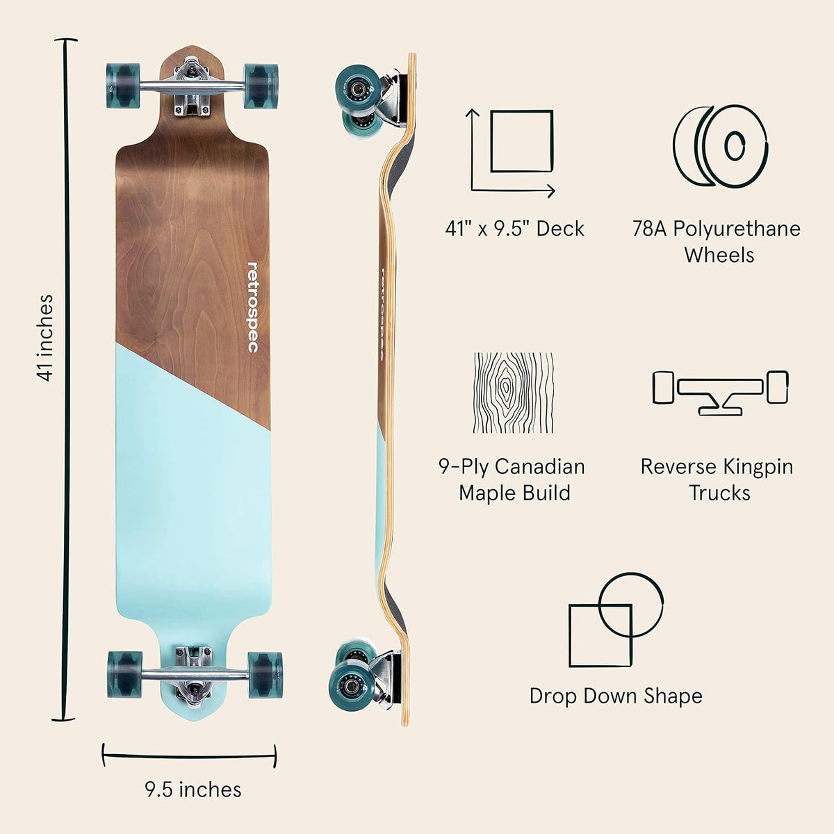 Retrospec Tidal Drop Down Longboard - 41" Extra Wide Stable Deck, 9-Ply Canadian Maple, ABEC-9 Bearings, 85A PU Wheels, Reverse Kingpin Trucks for Cruising & Downhill