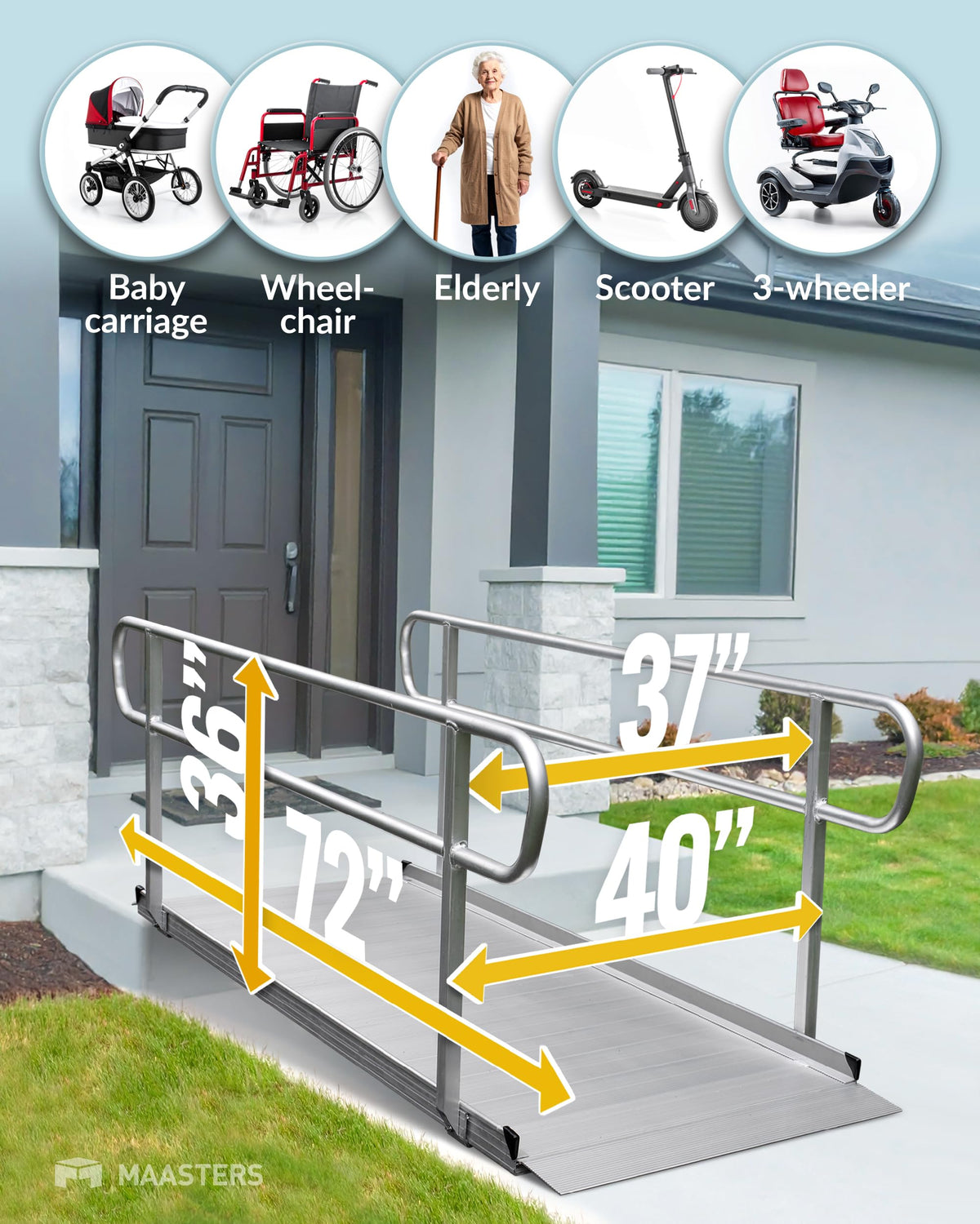MAASTERS Ramp with Handrails 8 FT, Loading Capacity 850 lbs, ADA Compliant