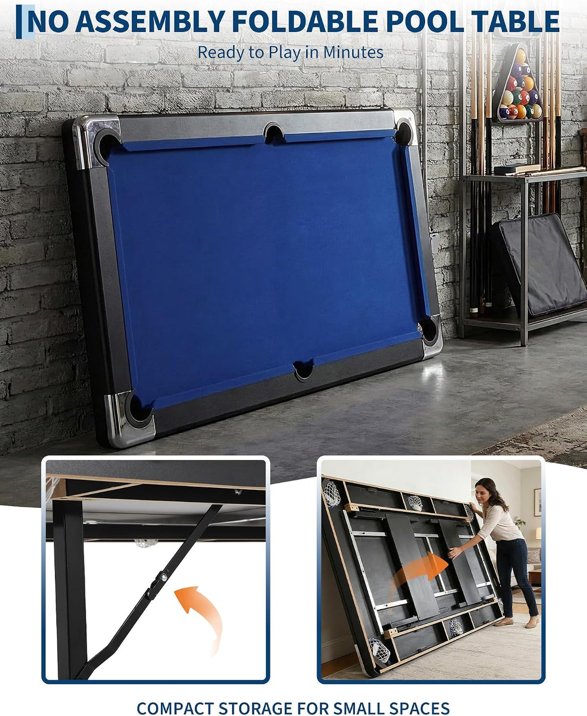 7 Foot Pool Table for Family, Foldable No Assembly Pool Table with Balls, Cues, Chalk, Rack & Brush, Portable Billiards Game Table for Apartment, Basement, Office & Game Room