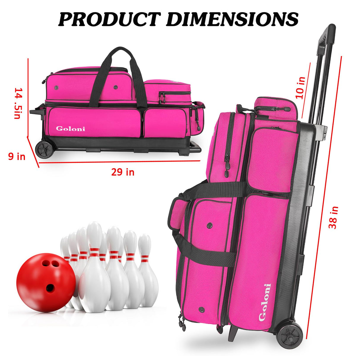Goloni 3 Ball Bowling Bags with Wheels,Rolling Bowling Ball Bag for 3 Bowling Balls & Bowling Accessories -Retractable Handle Extends to 38"