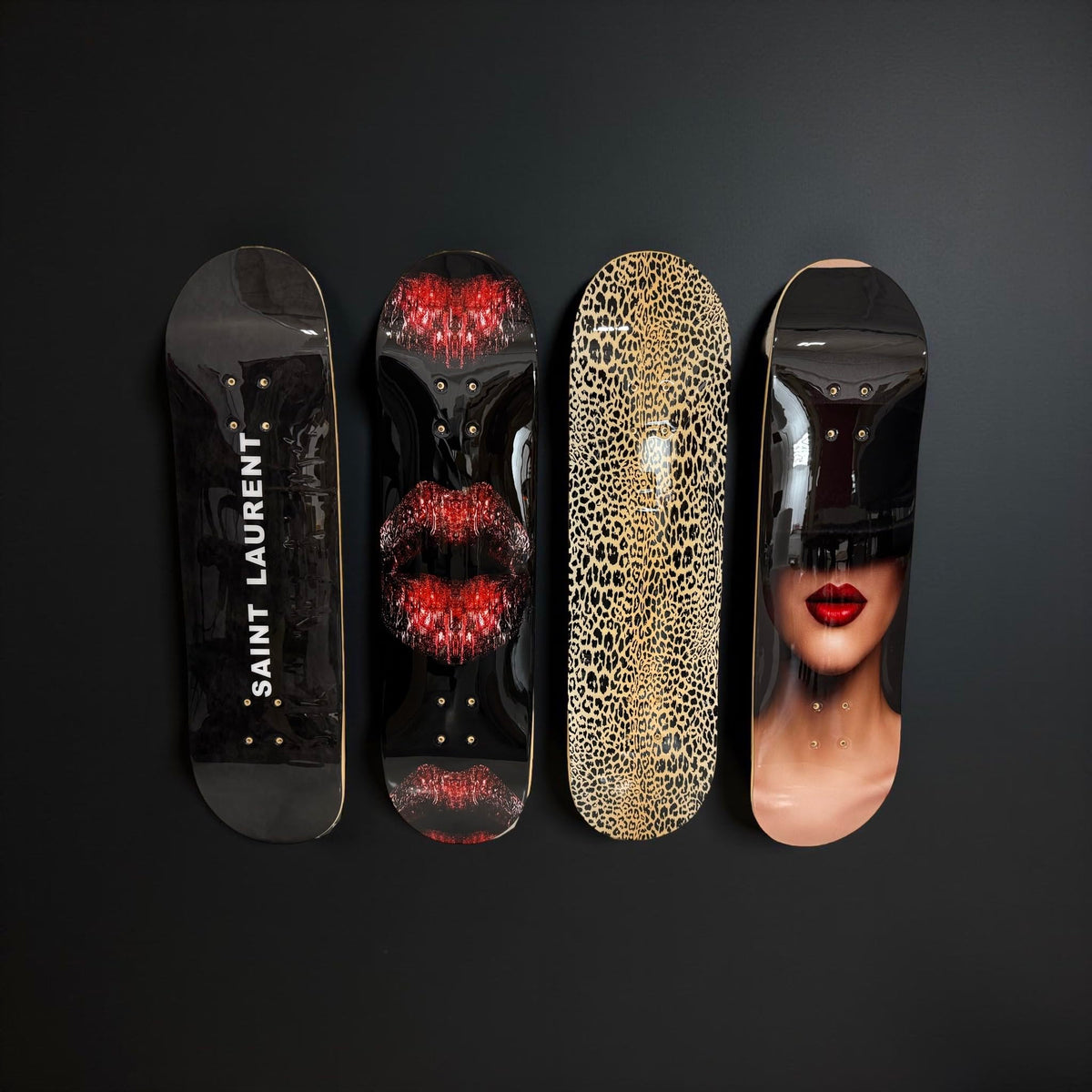 BDTrims 3 Pack Designer-Influenced Pop Art Skateboard Deck Set, Black White and Leopard Print, Premium 7-Ply Maple, Wall Decor, Customization Available