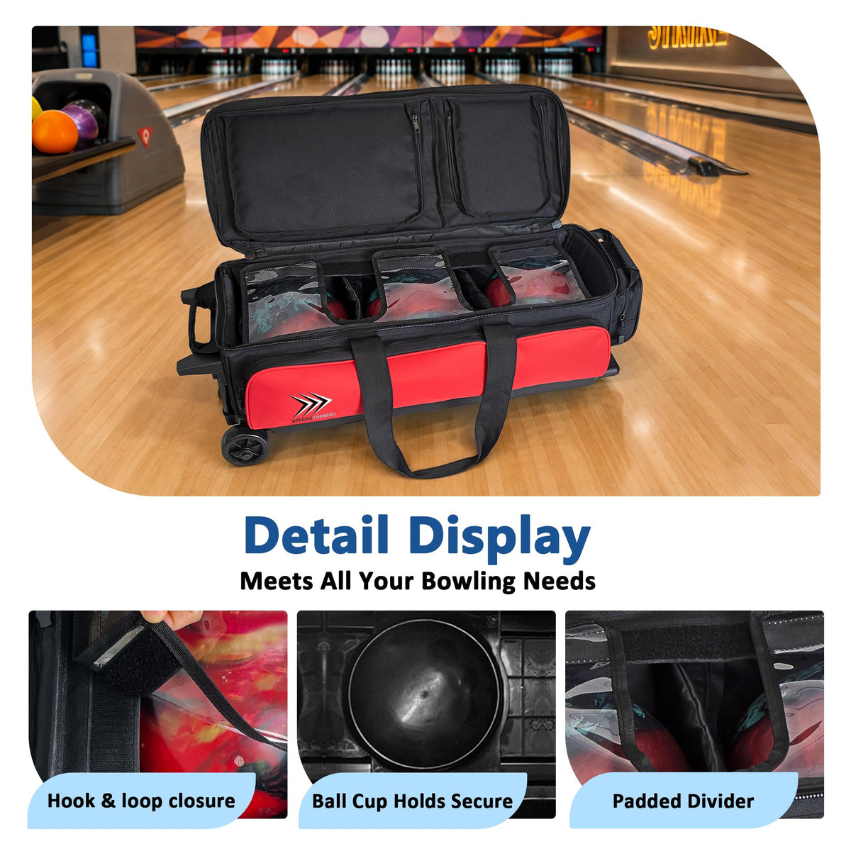 WF 3 Ball Roller Bowling Bag with Wheels & Separate Shoes Pocket