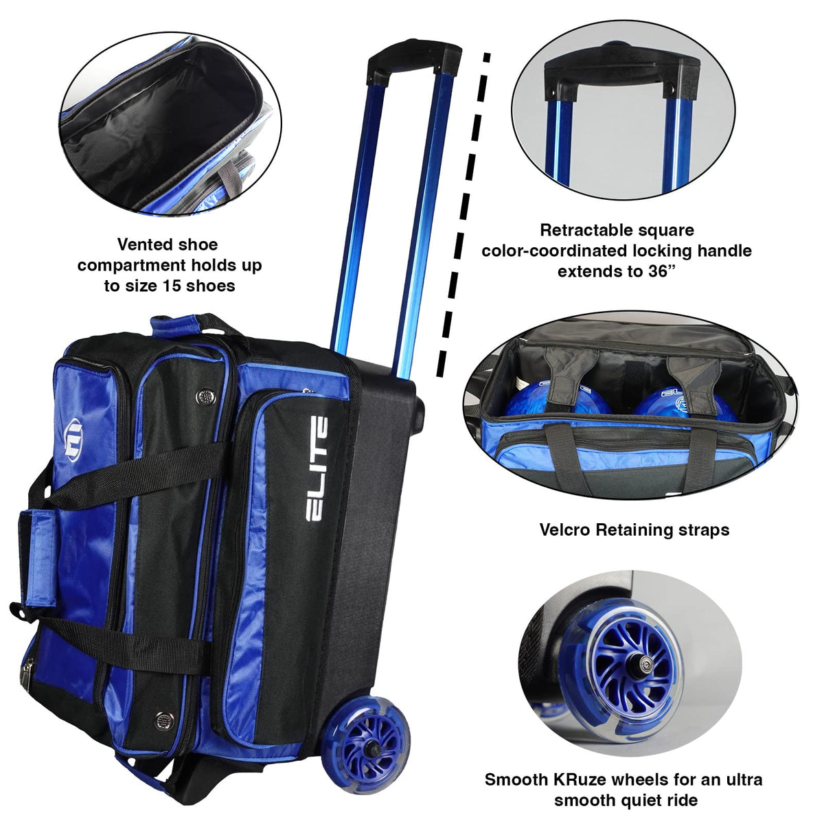 ELITE Deluxe 2 Ball Bowling Bag with 5" Smooth Wheels - Large Accessory Pocket, Shoe Compartment, 36" Extendable Handle