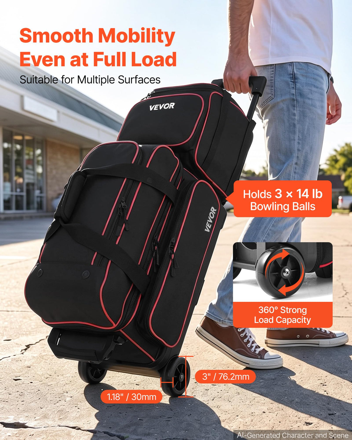 VEVOR 3 Ball Bowling Bag Double Roller Bag with Separate Shoe Compartment