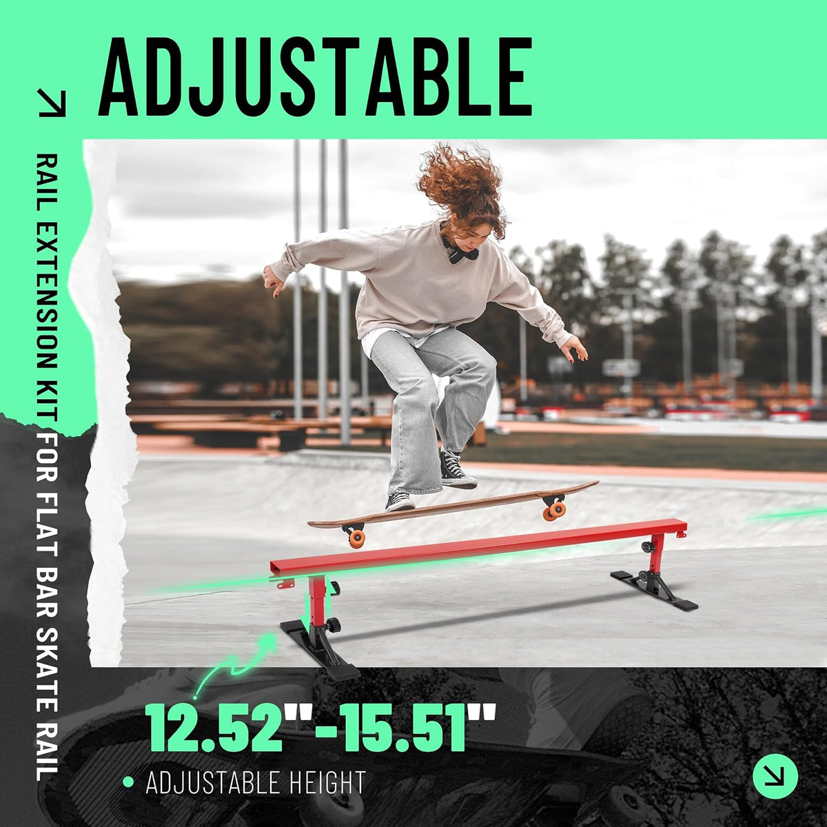 Ultimate Skateboard Rail Grindrail Kit - Modular Adjustable Grind Ramp Multi-Sport Rail for Skate, BMX Bike, Roller, Snowboard, Scooter, Rainbow Flat Incline Rail