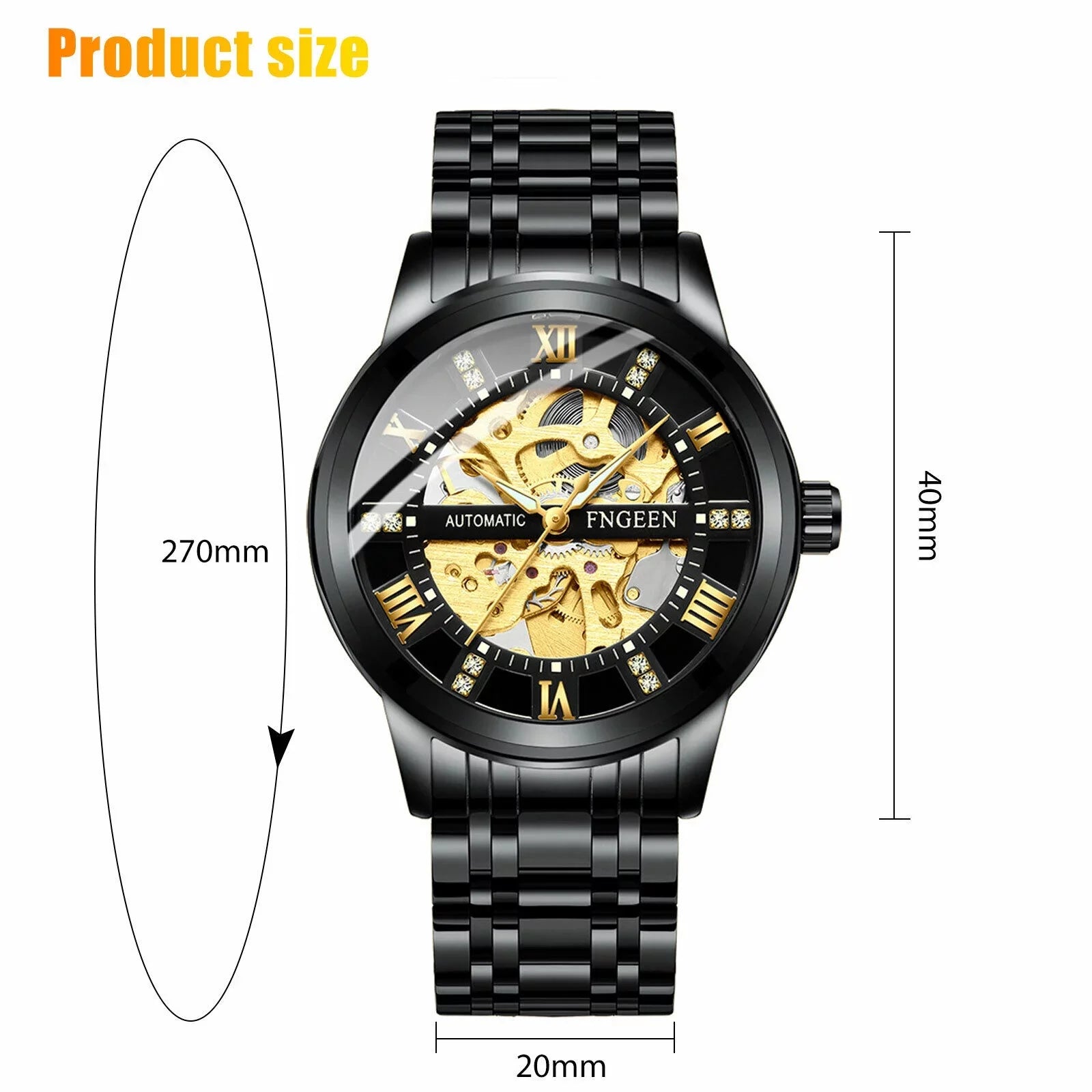 FNGEEN Men's Automatic Mechanical Stainless Steel Retro Luxury Hollow Dial Watch