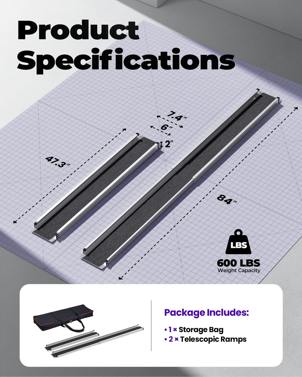 6FT Telescoping Aluminum Portable Wheelchair Ramp with Bag, 600LBS
