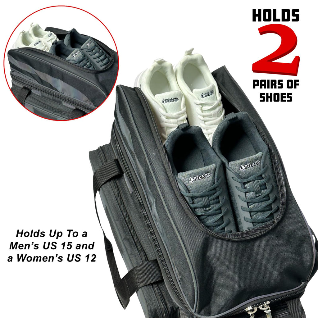 Pyramid Deluxe Double Roller 2 Ball Bowling Bag with Large Separate Shoe Compartment (Up To 2 Pairs Of Shoes) and Accessory Pockets, Sturdy Square Handle - Extends to 40" - Pro Options Available
