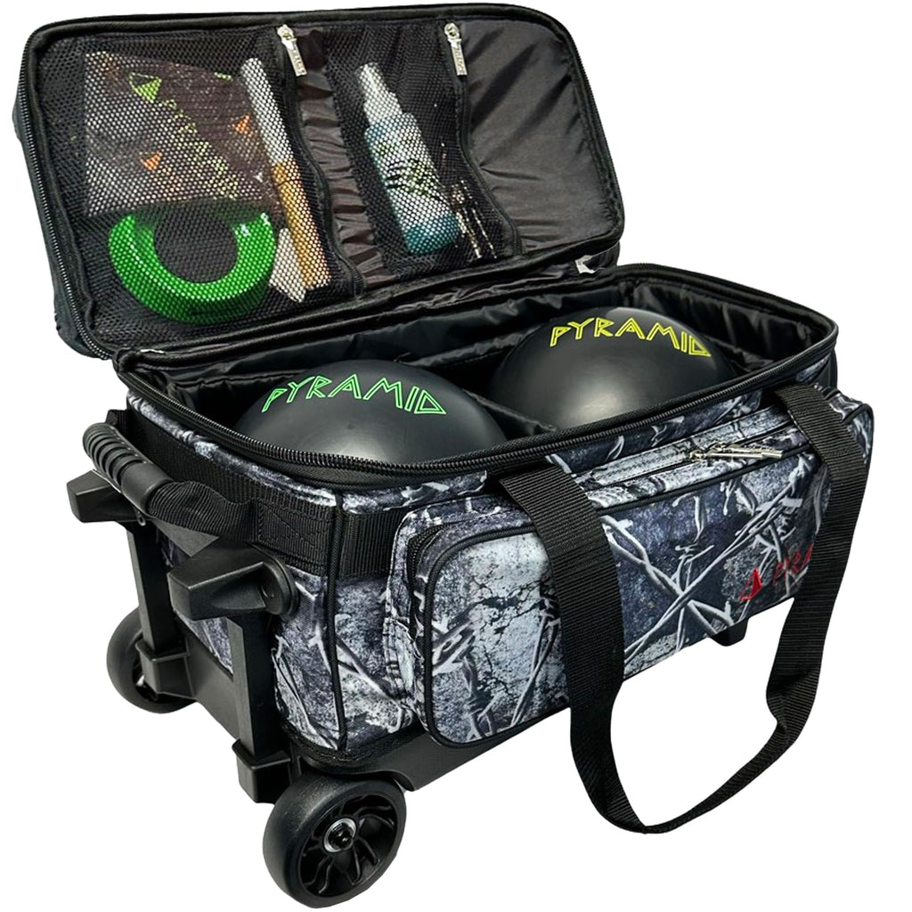 Pyramid Deluxe Double Roller 2 Ball Bowling Bag with Large Separate Shoe Compartment (Up To 2 Pairs Of Shoes) and Accessory Pockets, Sturdy Square Handle - Extends to 40" - Pro Options Available
