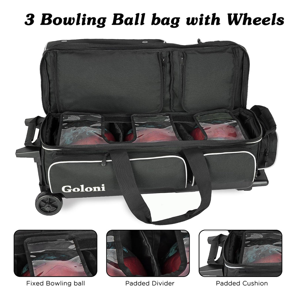 Goloni 3 Ball Bowling Bags with Wheels,Rolling Bowling Ball Bag for 3 Bowling Balls & Bowling Accessories -Retractable Handle Extends to 38"
