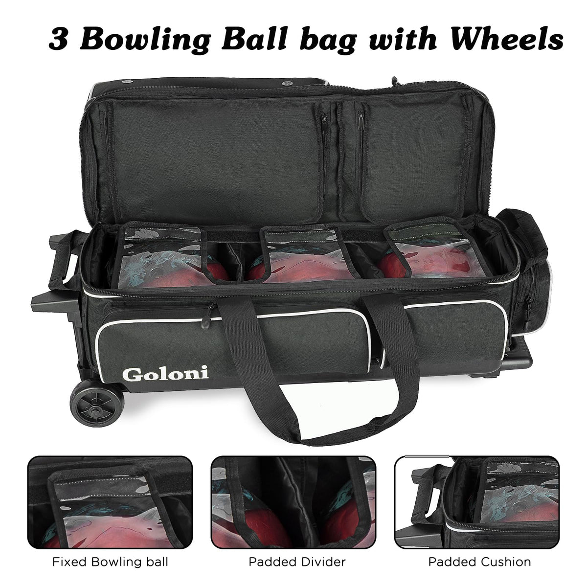 Goloni 3 Ball Bowling Bags with Wheels,Rolling Bowling Ball Bag for 3 Bowling Balls & Bowling Accessories -Retractable Handle Extends to 38"
