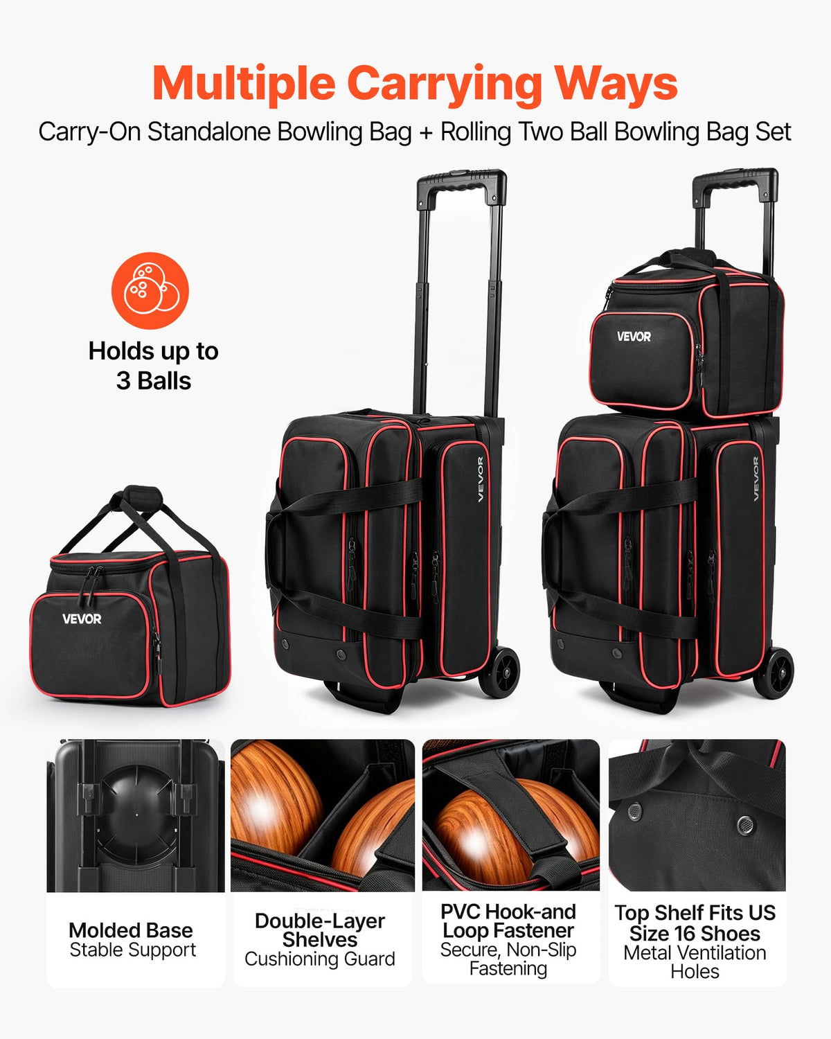 VEVOR 3 Ball Bowling Bag Double Roller Bag with Separate Shoe Compartment