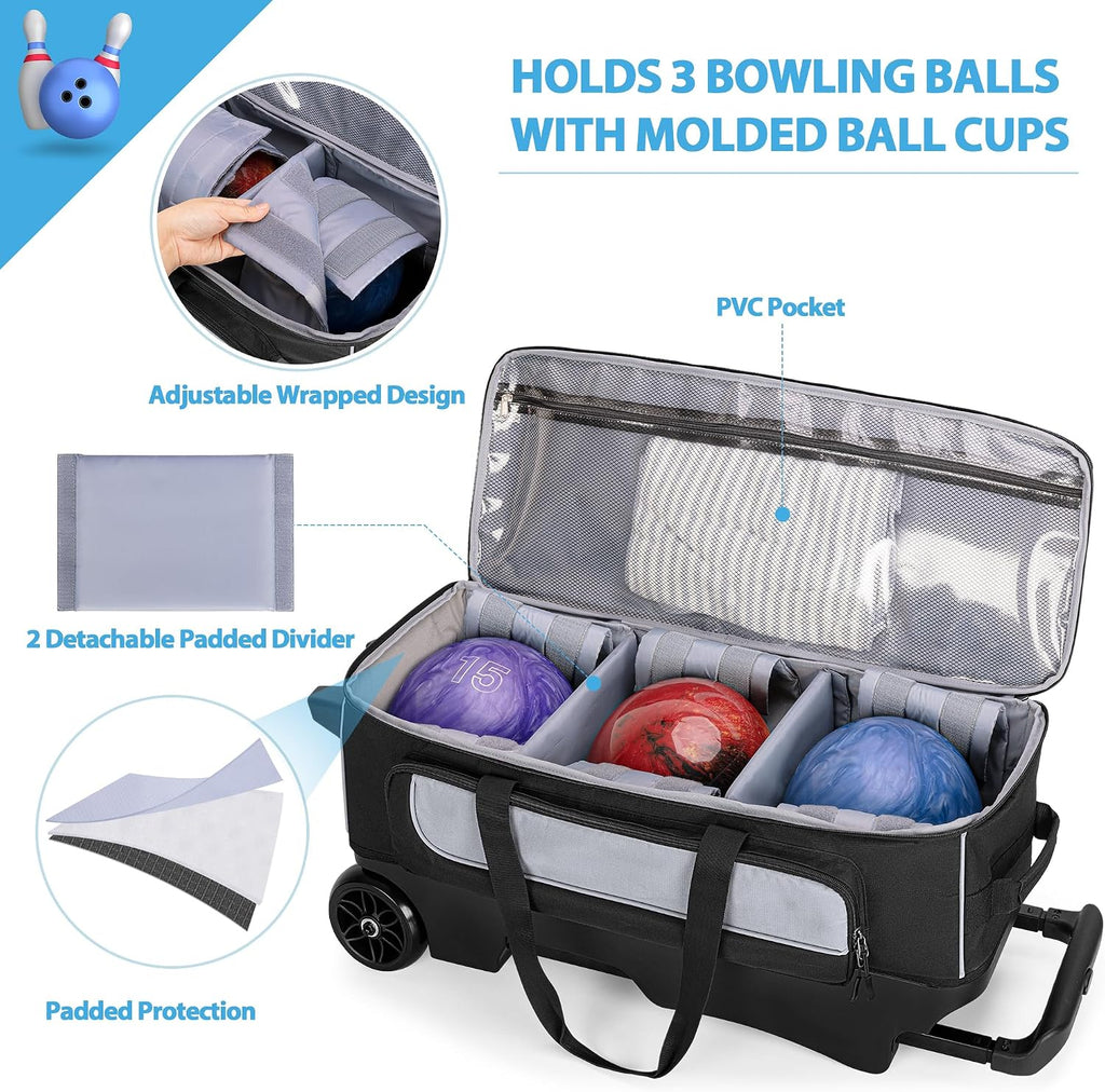 GOBUROS 3 Ball Roller Bowling Bag with Large Wheels and Shoes Compartment
