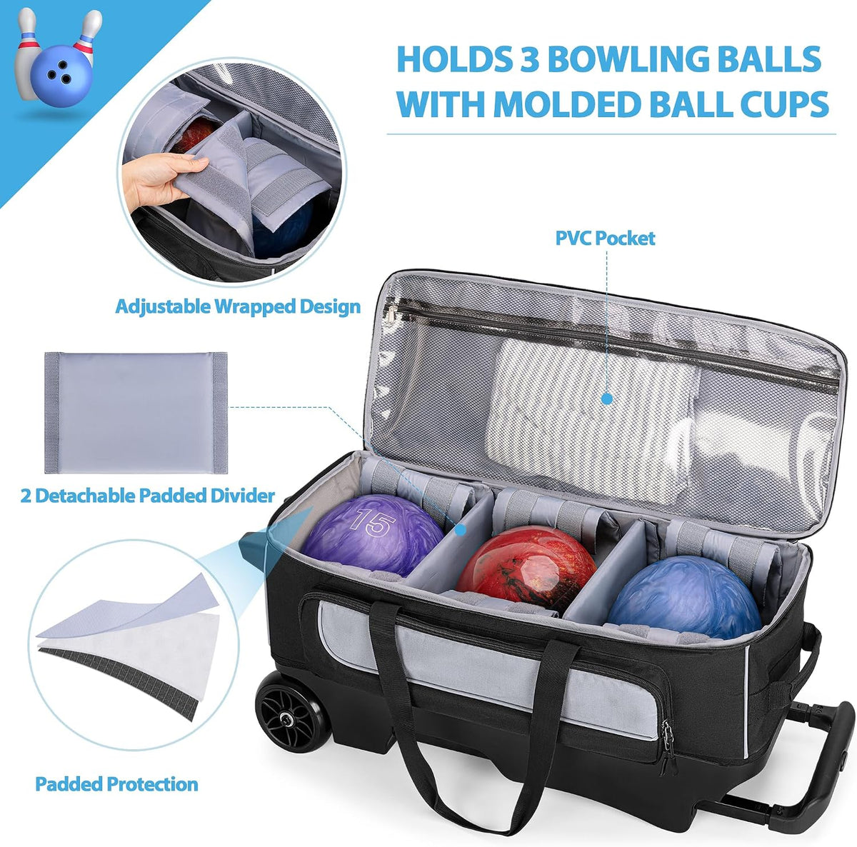 GOBUROS 3 Ball Roller Bowling Bag with Large Wheels and Shoes Compartment