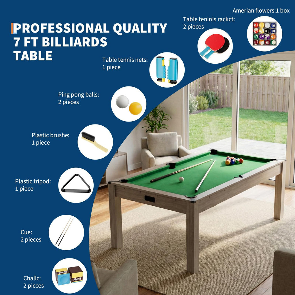 7 ft Pool Table Combo,3 in 1 Pool, Dining, & Table Tennis
