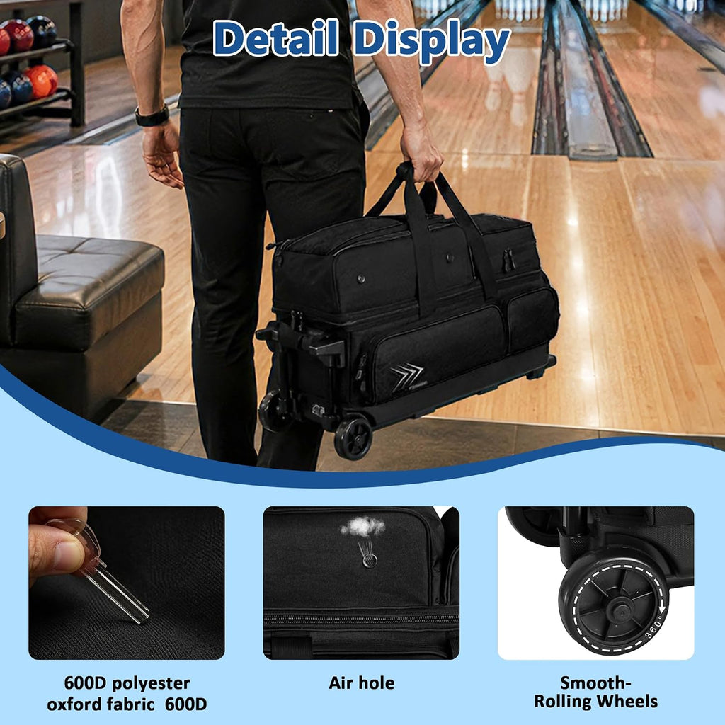 WF 3 Ball Roller Bowling Bag with Wheels & Separate Shoes Pocket