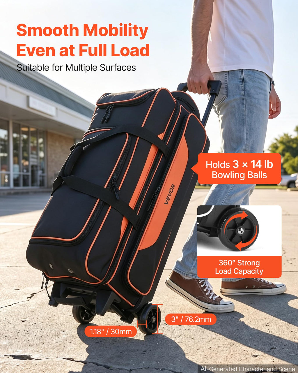 VEVOR 3 Ball Bowling Bag Double Roller Bag with Separate Shoe Compartment