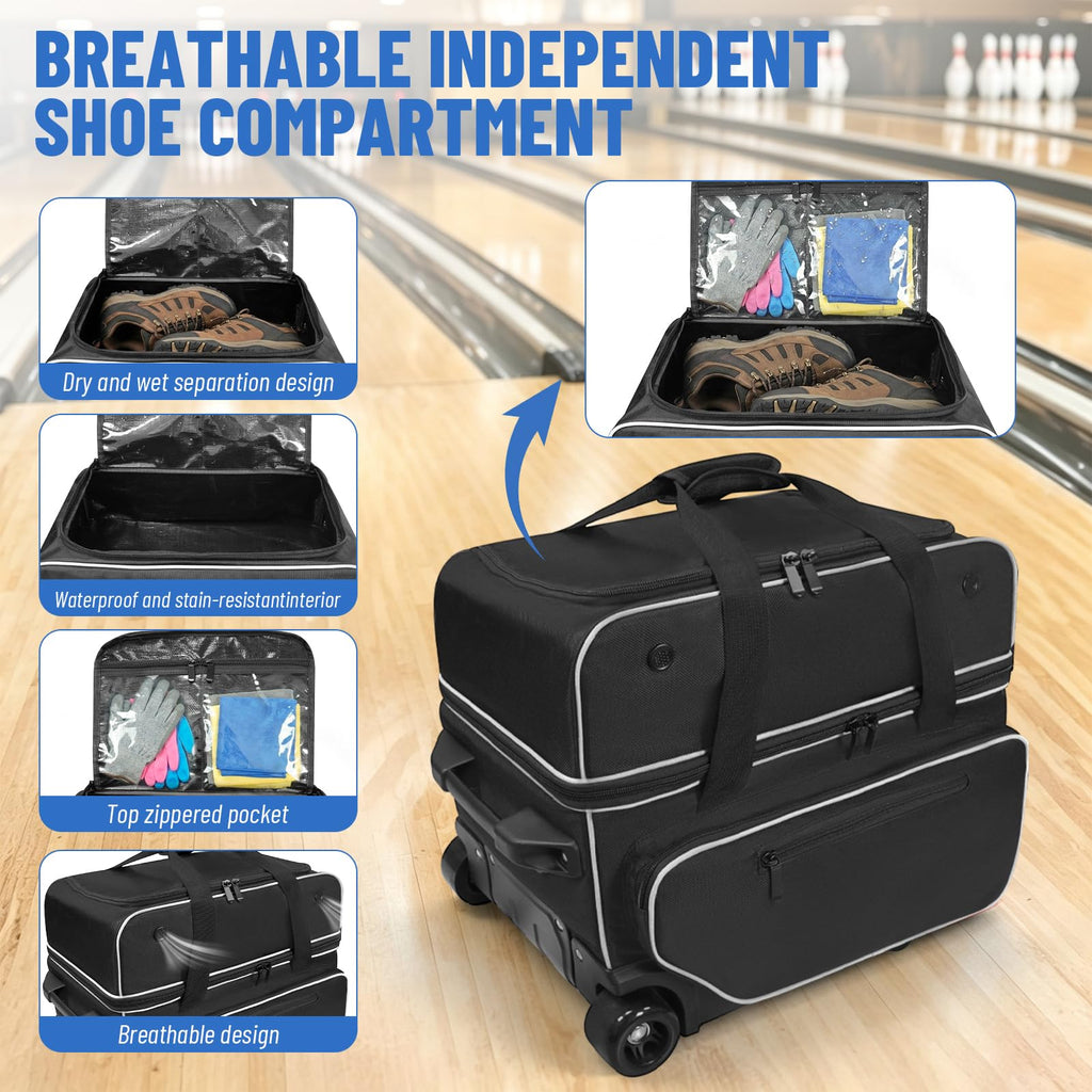 3 Ball Bowling Bag with Wheels,Bowling Bag 2 Ball Roller +1 Ball Tote,Large Sturdy Wheels,Dry & Wet Separation Shoe Compartment,1680D Waterproof Oxford,Retractable Handle,Includes Bowling Ball Towel