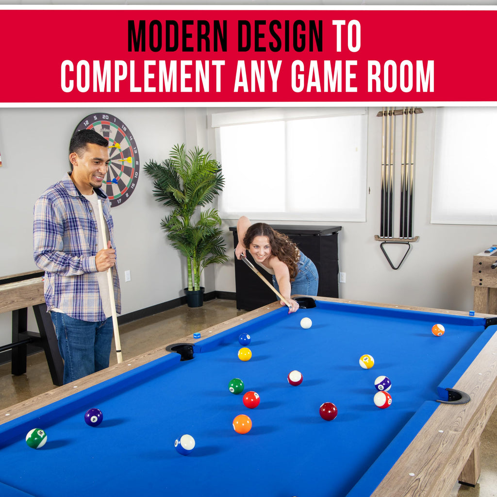 GoSports 8 ft Pool Tables with Wood Finish - Choose Your Style - Modern Billiards Table with 2 Cue Sticks, Balls, Rack, Felt Brush and Chalk