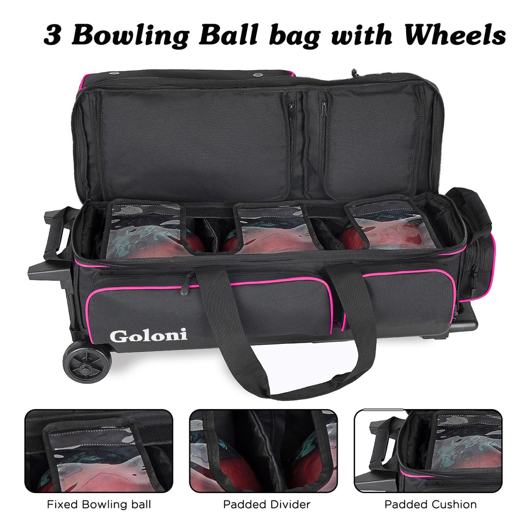 Goloni 3 Ball Bowling Bags with Wheels,Rolling Bowling Ball Bag for 3 Bowling Balls & Bowling Accessories -Retractable Handle Extends to 38"