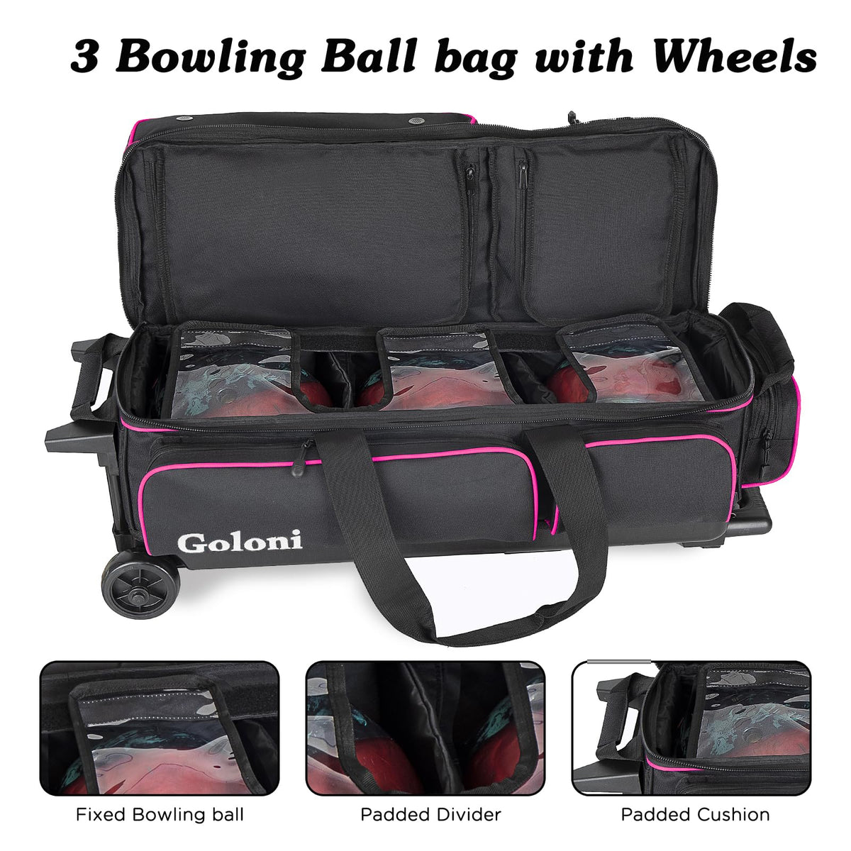 Goloni 3 Ball Bowling Bags with Wheels,Rolling Bowling Ball Bag for 3 Bowling Balls & Bowling Accessories -Retractable Handle Extends to 38"