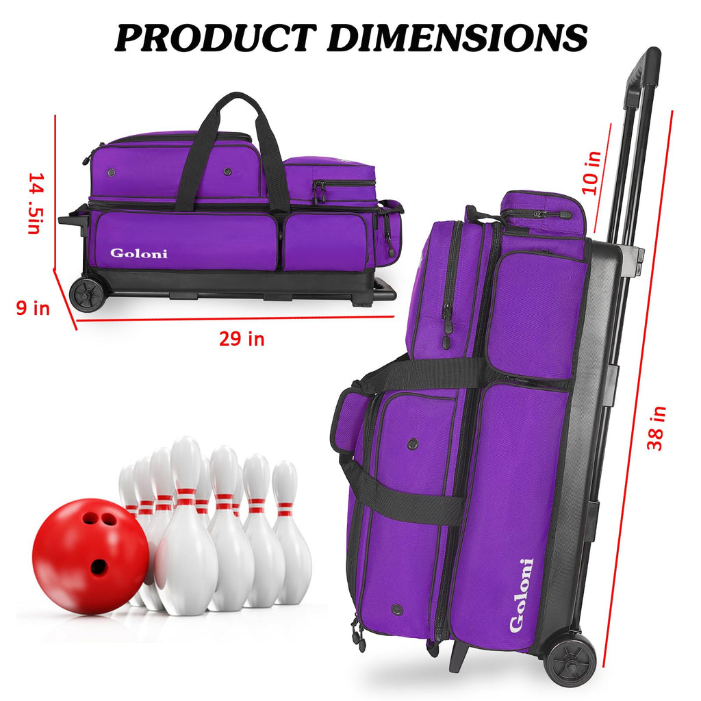 Goloni 3 Ball Bowling Bags with Wheels,Rolling Bowling Ball Bag for 3 Bowling Balls & Bowling Accessories -Retractable Handle Extends to 38"