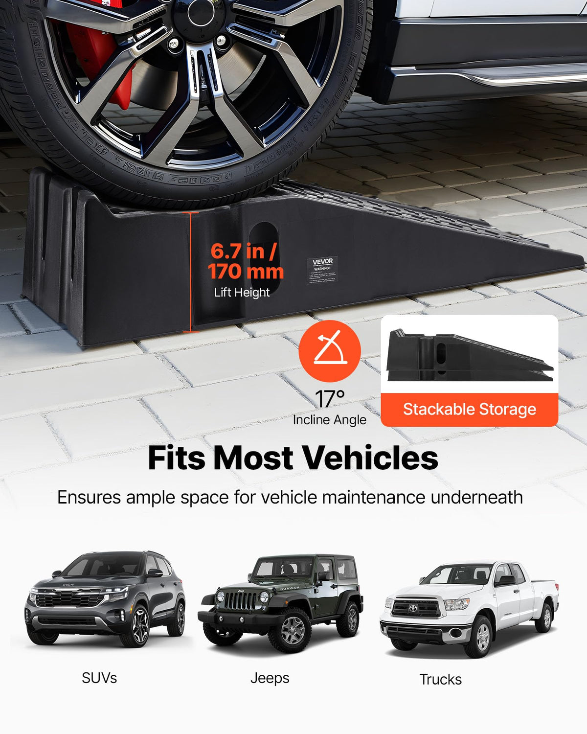 VEVOR Car Ramps, 2 PCS 13000 lbs GVW Capacity, 6.3 in Lift Height, Portable High Profile Car Service Ramps for Home Garage Maintenance and Oil Changes, Heavy Duty for Truck SUV Vehicle Repair, Black
