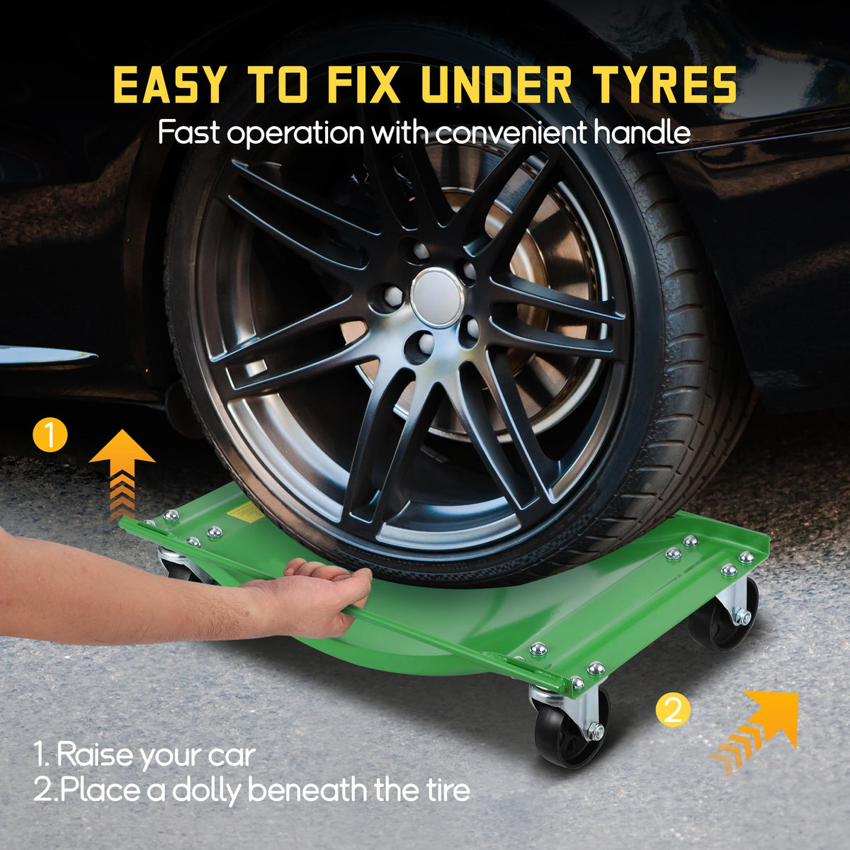 Heavy Duty Car Wheel Dolly Set â 4-Pack, 2500lbs Each (10,000lbs Total) â 24x15in Steel Curved Skates, Side Rails, Lockable Swivel Casters â for Cars, SUVs, Trucks, Motorcycles