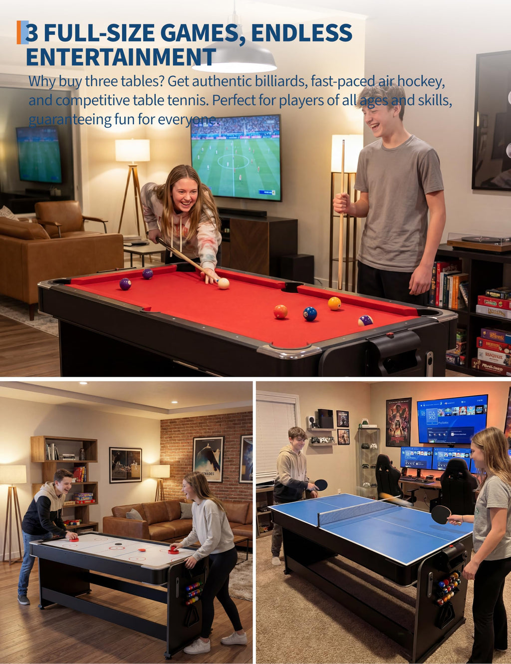 Garvee 7 ft 3-in-1 Game Table with Air Hockey, Billiards and Table Tennis