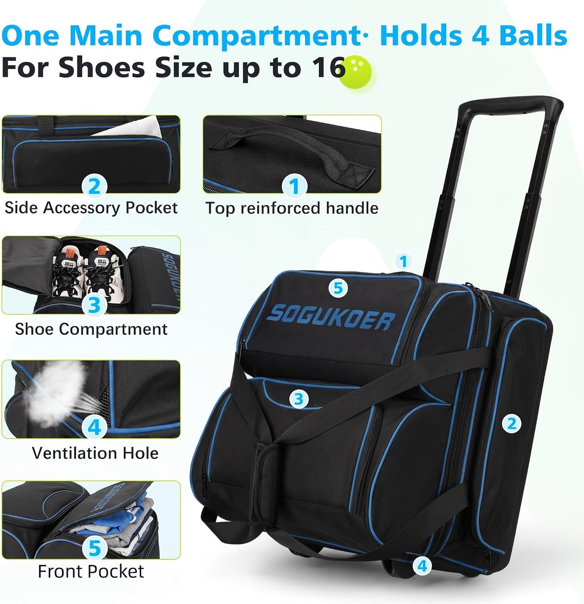 4 ball roller bowling bag with Shoe & Integrated Main Compartment
