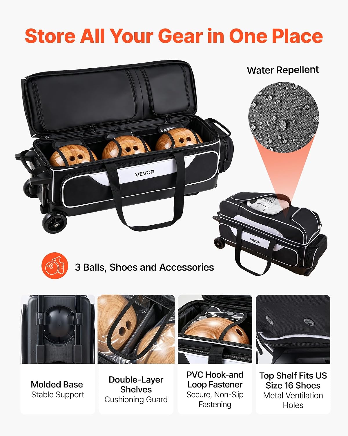 VEVOR 3 Ball Bowling Bag Double Roller Bag with Separate Shoe Compartment