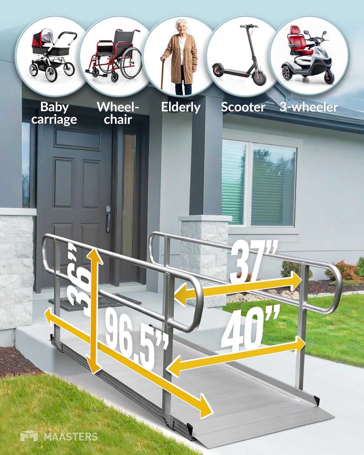 MAASTERS Ramp with Handrails 8 FT, Loading Capacity 850 lbs, ADA Compliant