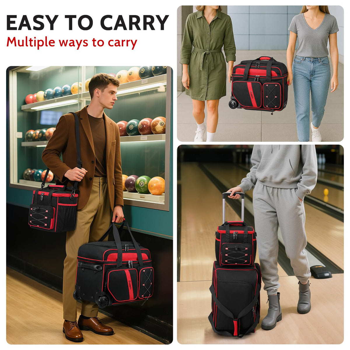 BOSSTIN 3 Ball Bowling Bag with Wheels, 2 Ball Roller with Add-on Tote