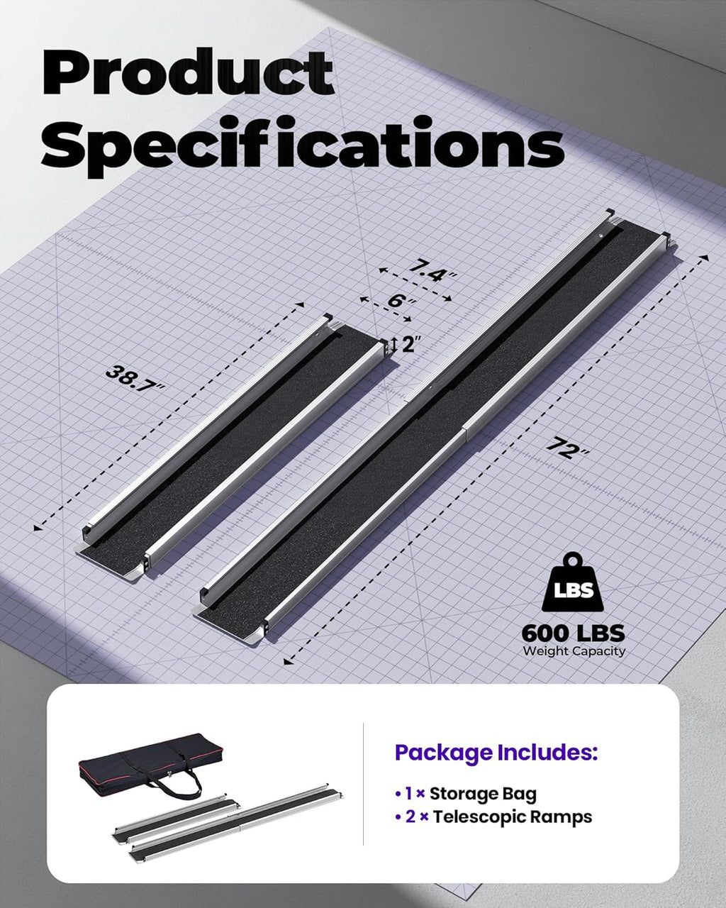 6FT Telescoping Aluminum Portable Wheelchair Ramp with Bag, 600LBS