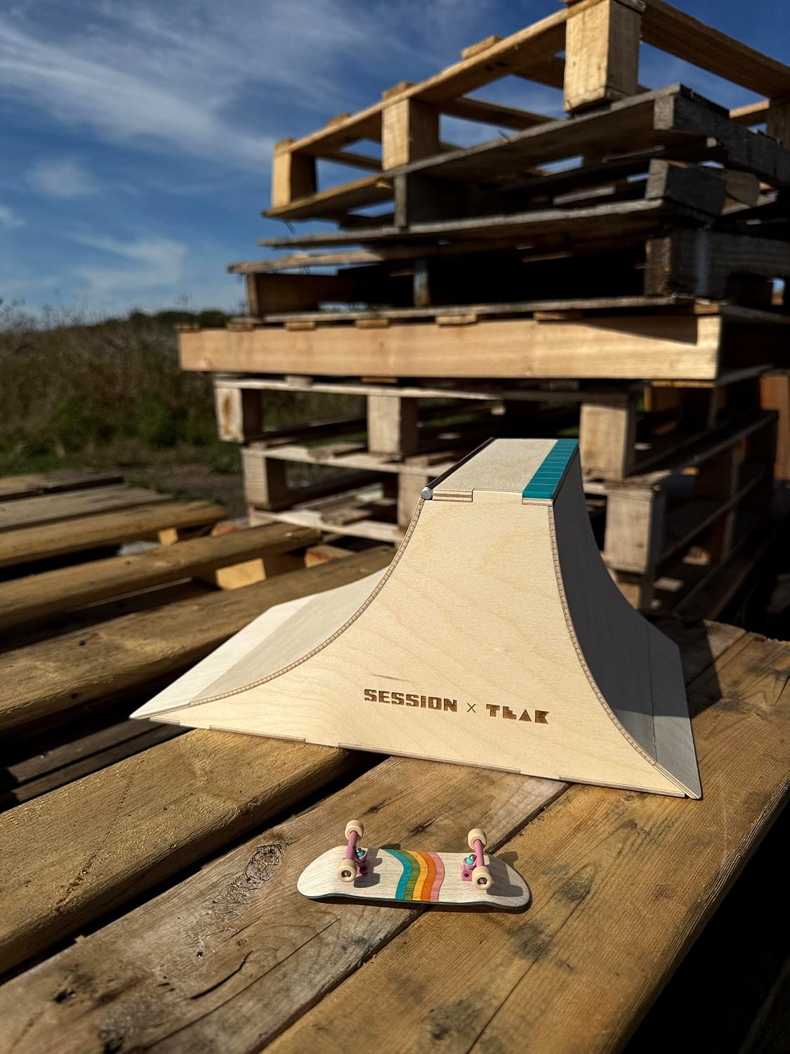 Teak Tuning x Session The Wall XL Double Quarter Pipe with Wall Ride, Fingerboard Obstacle Made of Baltic Birch Wood, Aluminum Coping, Custom Matte Acrylic, Teal, 12.75 x 7.88 x 6 inches