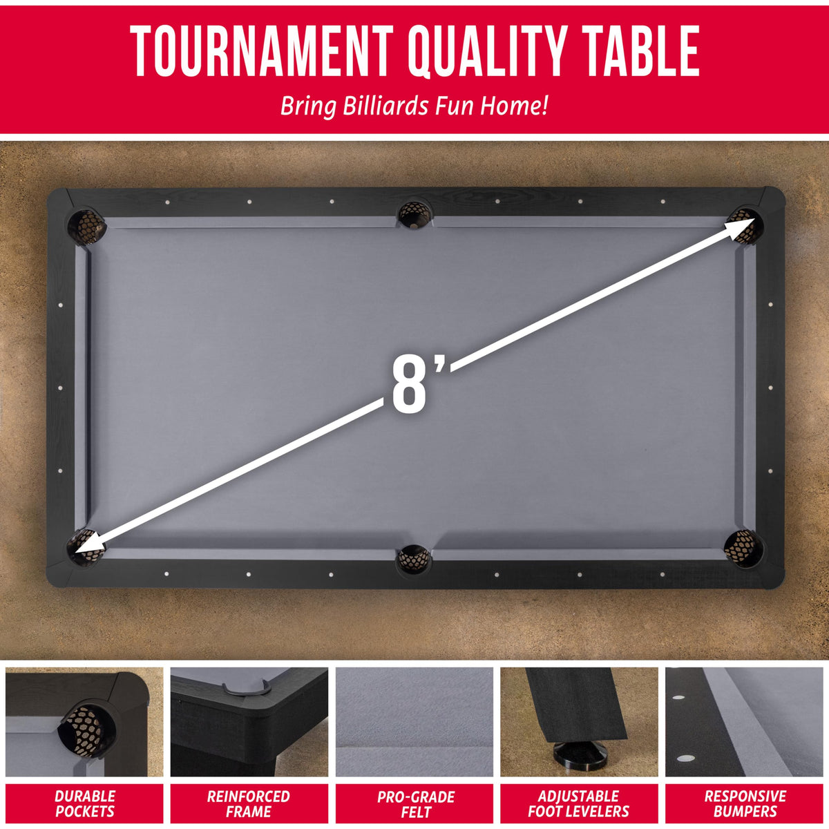 GoSports 7 and 8 ft Pool Tables with Wood Finish - Gray, Black, or Green Felt - Accessories Not Included