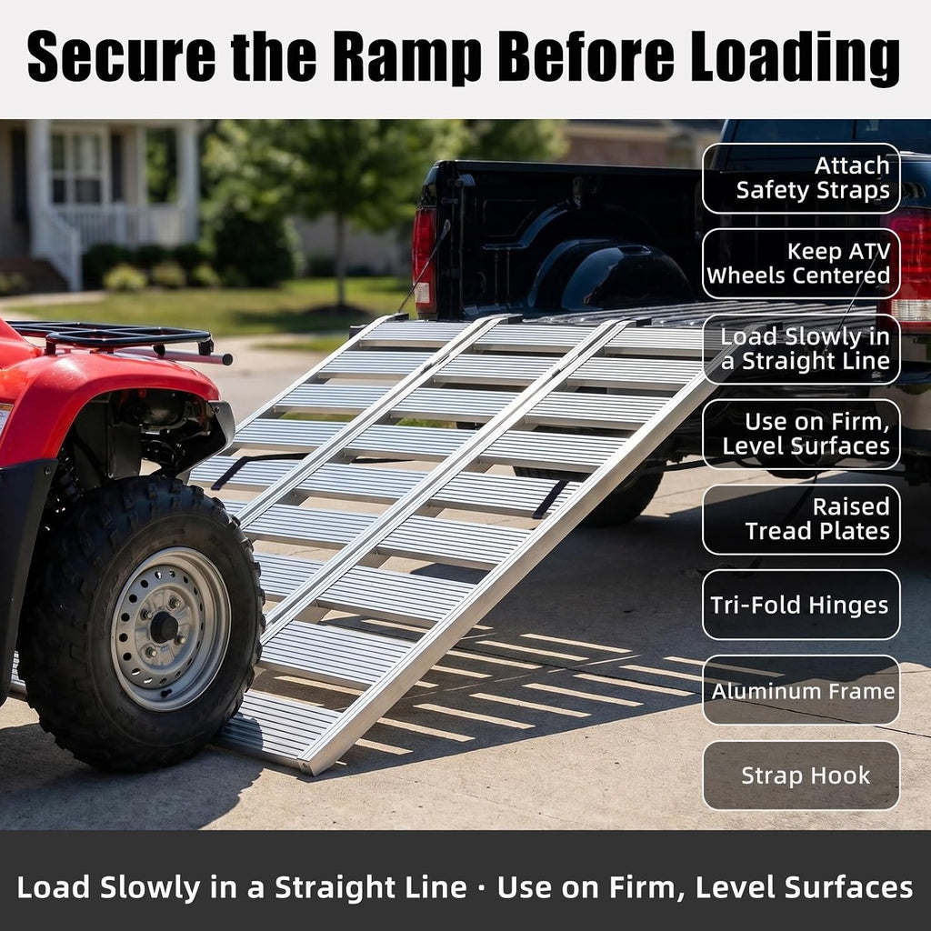 Aluminum Tri-Fold ATV Loading Ramp, 76" x 50" Wide Platform, 1500 lb Capacity with Safety Straps for Lawn Mower, Snow Blower, Motorcycle, Pickup Truck