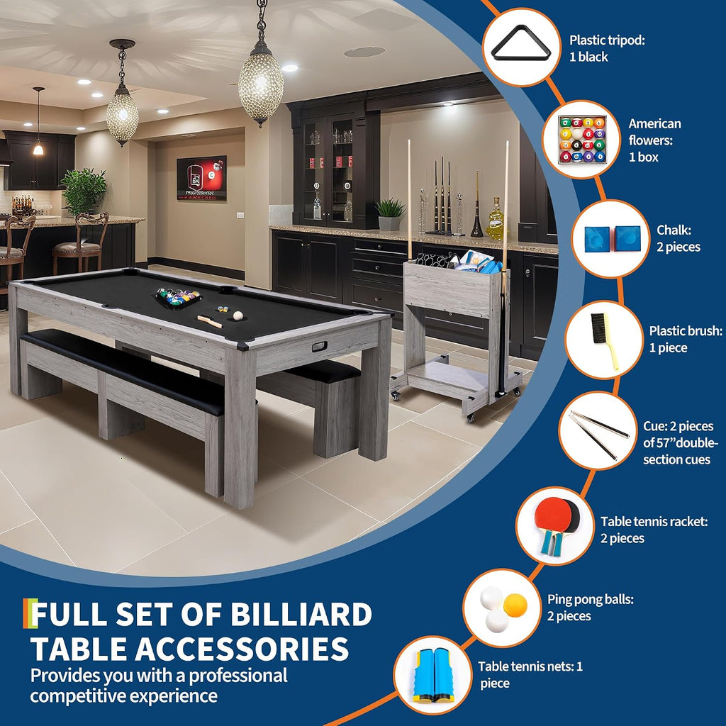 Garvee 7FT 3-in-1 Pool Table Dining Top & Ping Pong