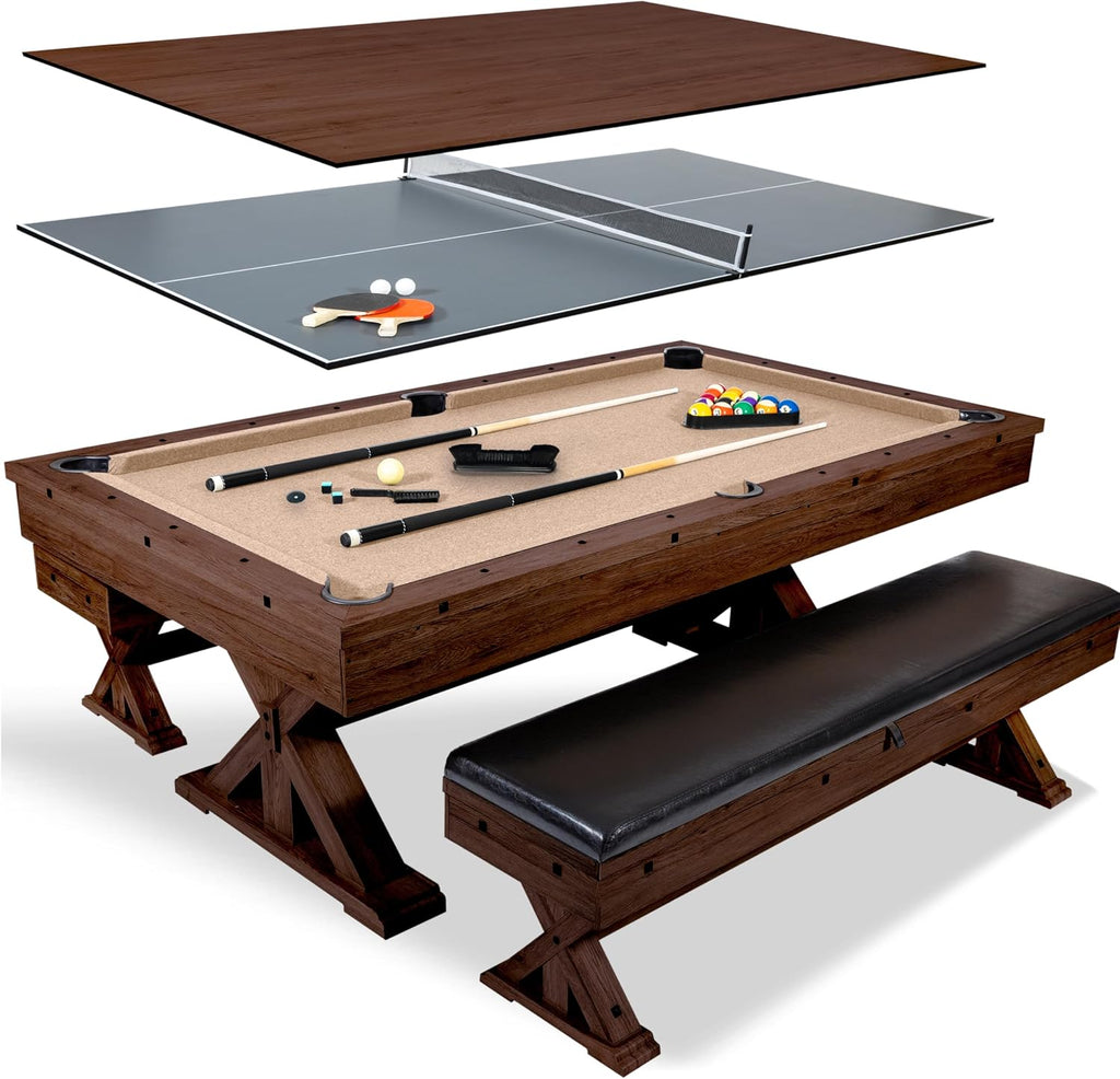 7-Foot 3-in-1 Multi-Game Pool Table, Table Tennis, Dining Top, with Benches