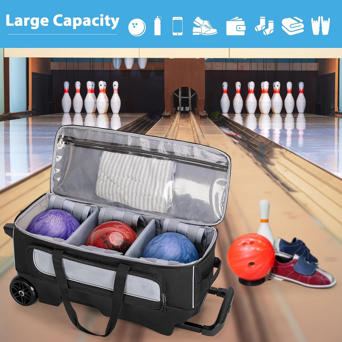 GOBUROS 3 Ball Roller Bowling Bag with Large Wheels and Shoes Compartment