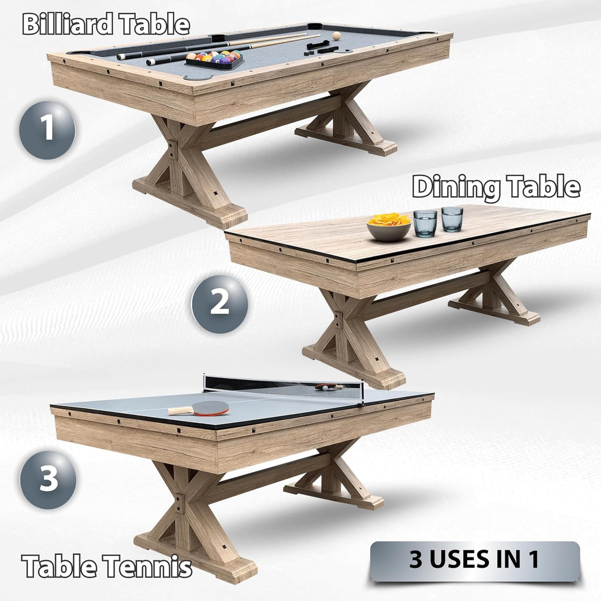 7-Foot 3-in-1 Multi-Game Pool Table, Table Tennis, Dining Top, with Benches