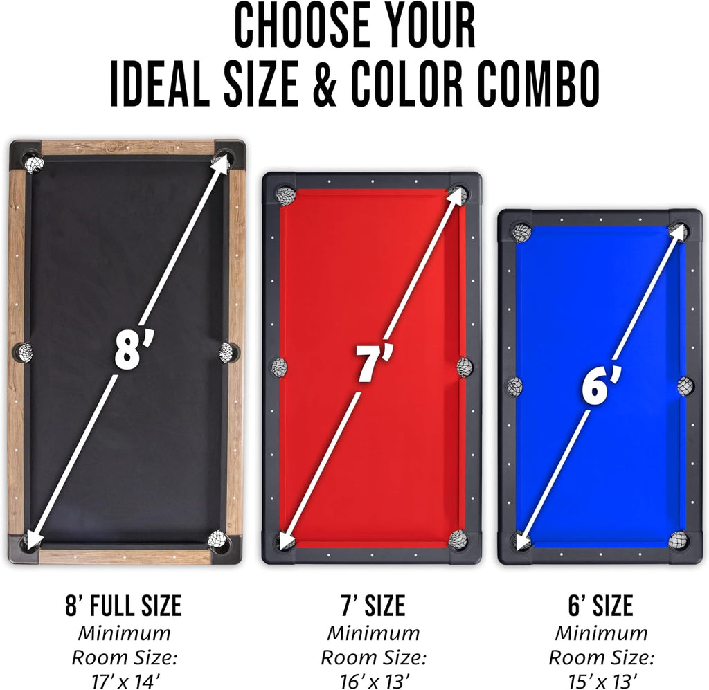 GoSports 6, 7, or 8 ft Portable Billiards Tables - No Assembly, Includes Set of Balls, 2 Cue Sticks, Chalk, Felt Brush