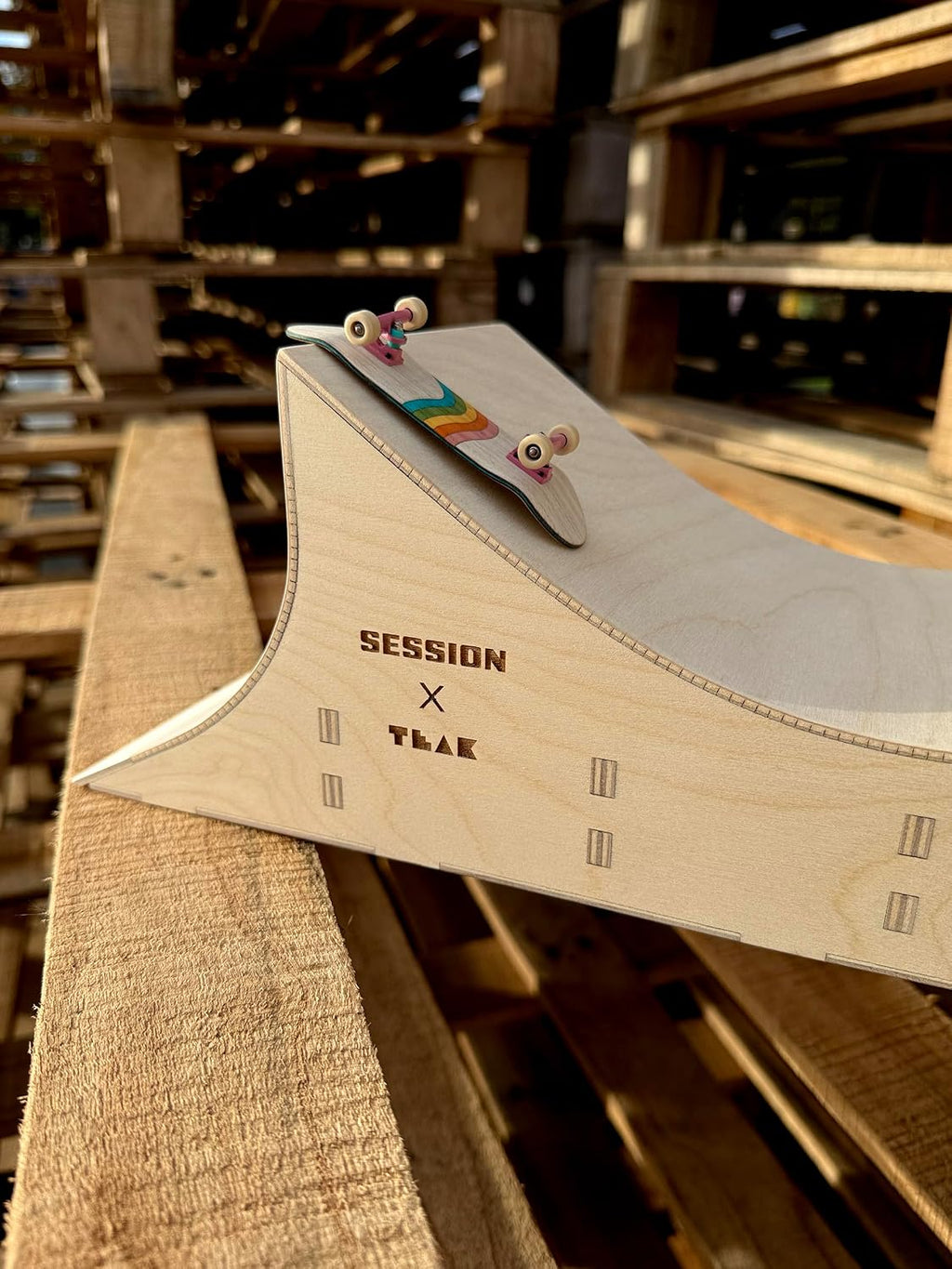 Teak Tuning x Session Fingerboard Quarter Pipe + Mellow Wave Ramp -The Shark - with Roller Coaster Ramp Section and Wall Ride - 20 inch Long - Hand Made in USA