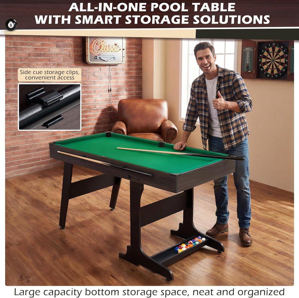 53 Inch Folding Pool Table with Built-in Ball Storage and Cue Clips, Freestanding Billiard Game Table Set for Family Game Room, Includes Cues, Balls, Chalk and Brush