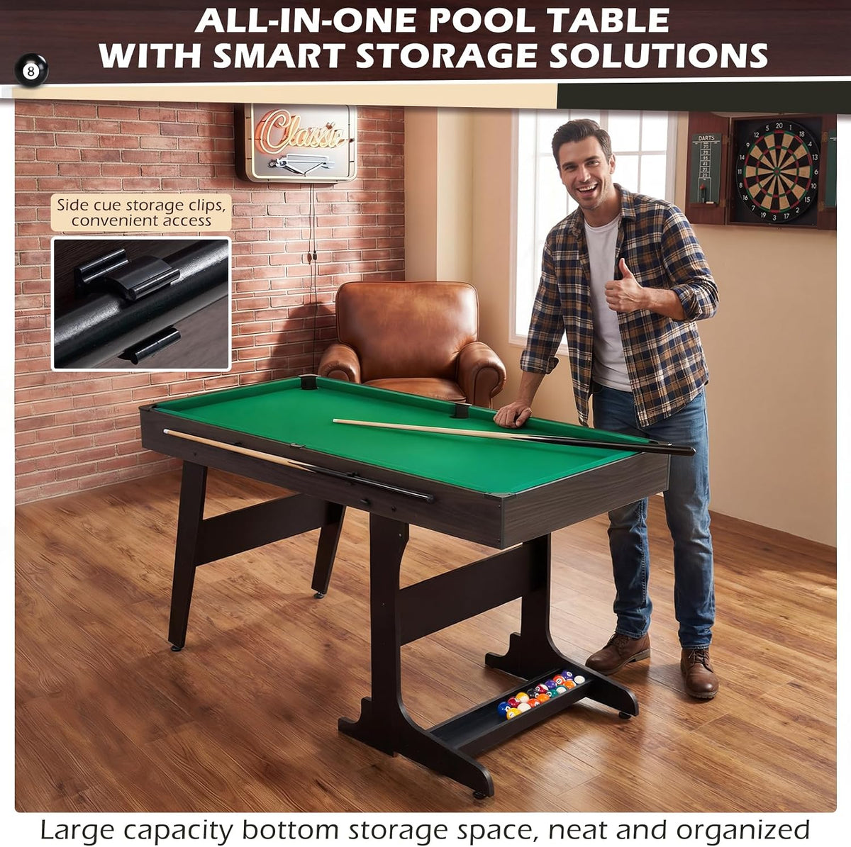 53 Inch Folding Pool Table with Built-in Ball Storage and Cue Clips, Freestanding Billiard Game Table Set for Family Game Room, Includes Cues, Balls, Chalk and Brush