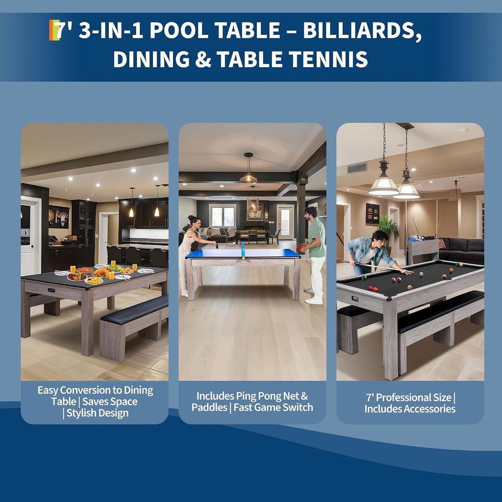Garvee 7FT 3-in-1 Pool Table Dining Top & Ping Pong