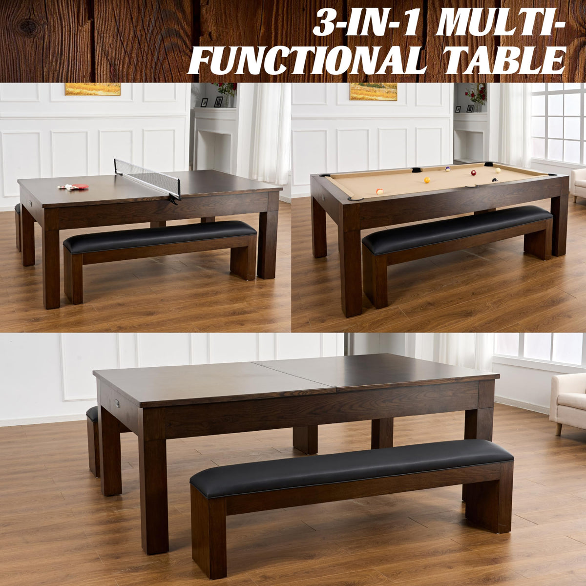 Barrington Billiards 7Ft. Combo Table 3-in-1 Pool Table, Dining & Ping Pong