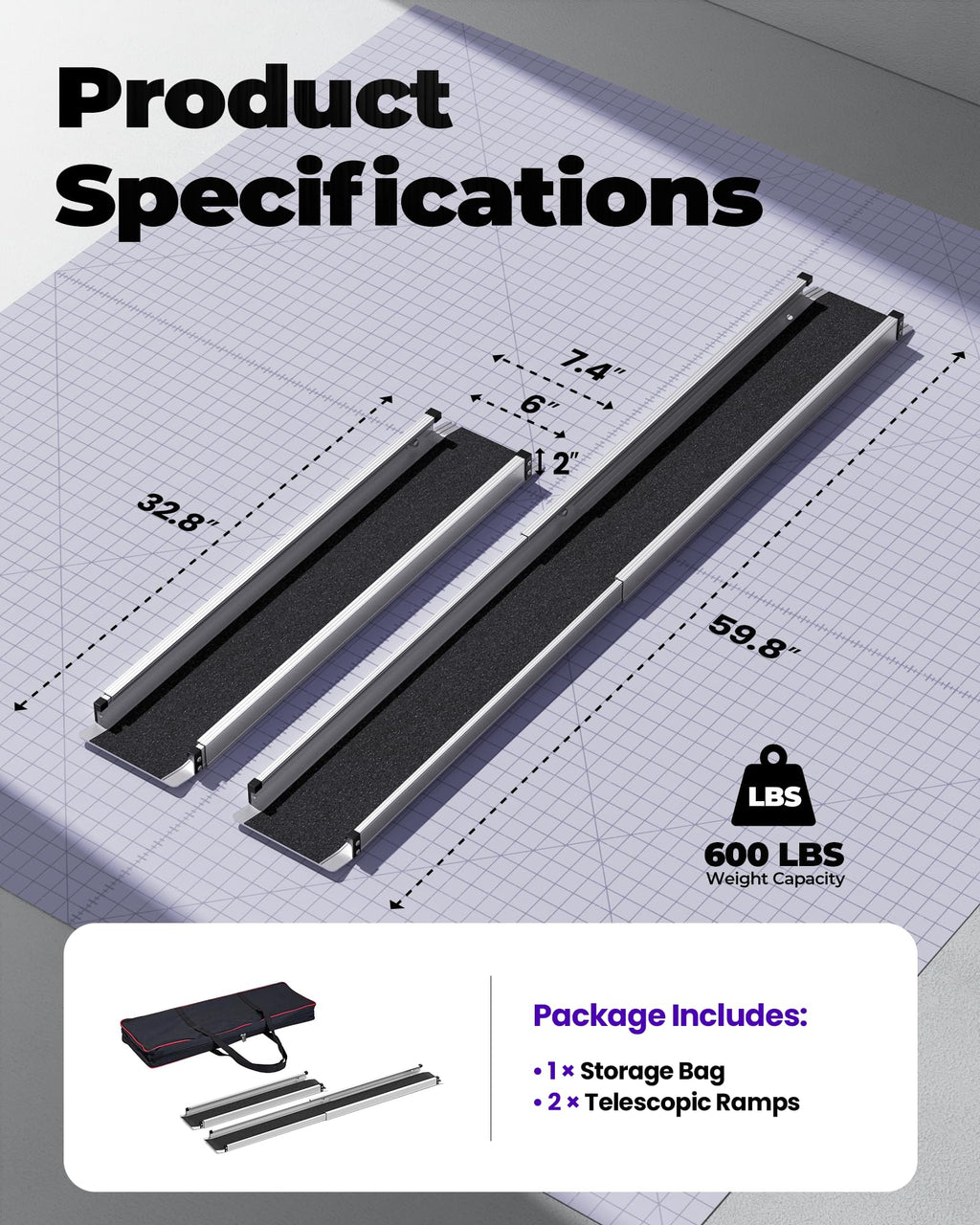 6FT Telescoping Aluminum Portable Wheelchair Ramp with Bag, 600LBS